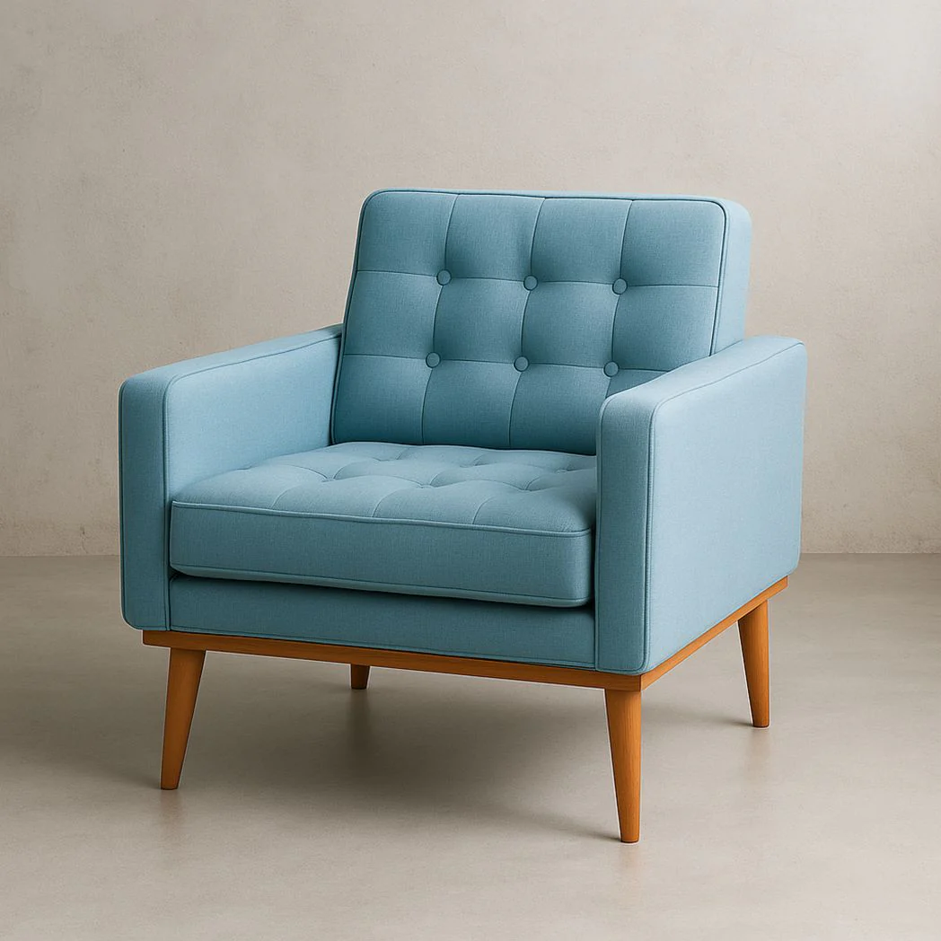 Fauteuil individuel en tissu bleu polyester avec cadre en bois de hêtre