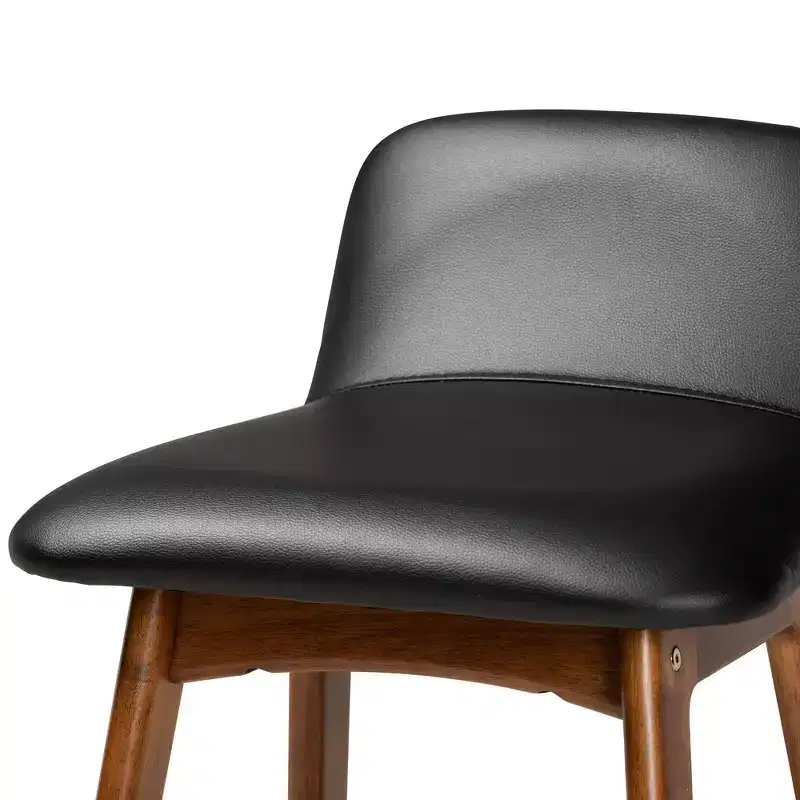 Baxton Studio 2pc Darrin Faux Leather and Wood Barstools Black/Walnut/Brown: Upholstered Oval Seat, 30" Fixed Height