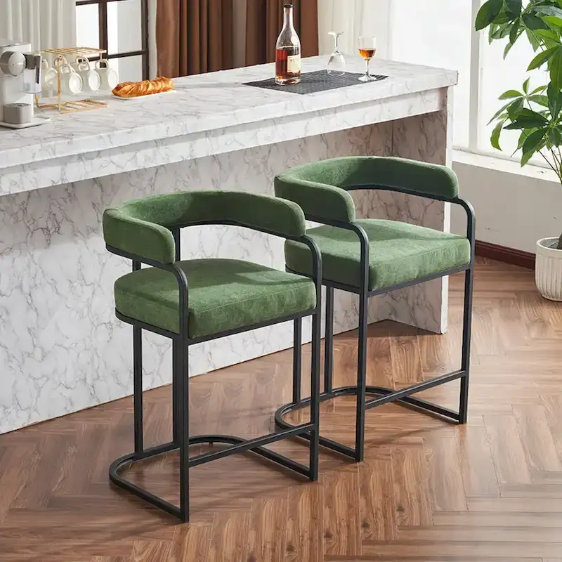 Fabric Upholstered Bar Stools Set of 2, Counter Height Bar Stools with Barrel Back, Dining Chair with Metal Frame and Arms