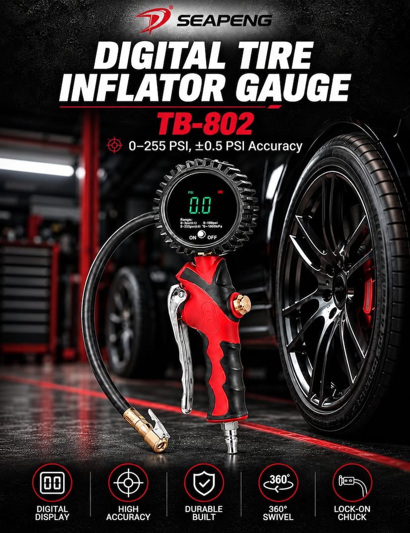 SEAPENG TB-802 automatic tire inflator with digital pressure display.