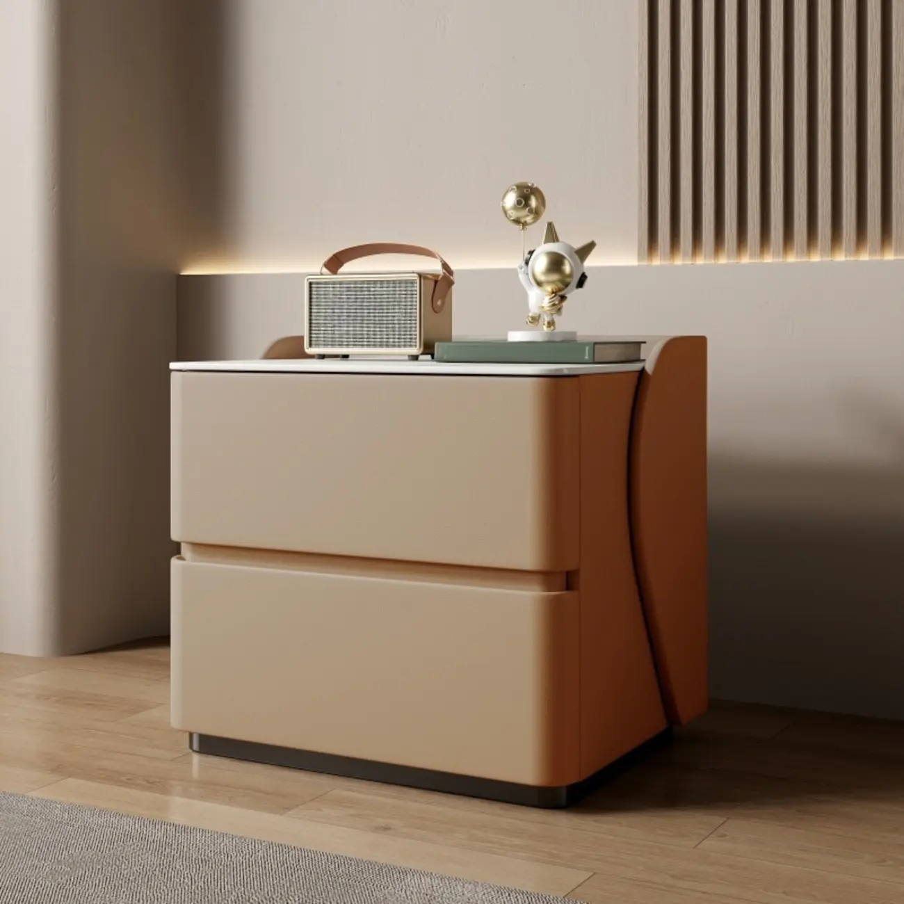 Modern Stone Top Leather Pine 2-Drawer Nightstand