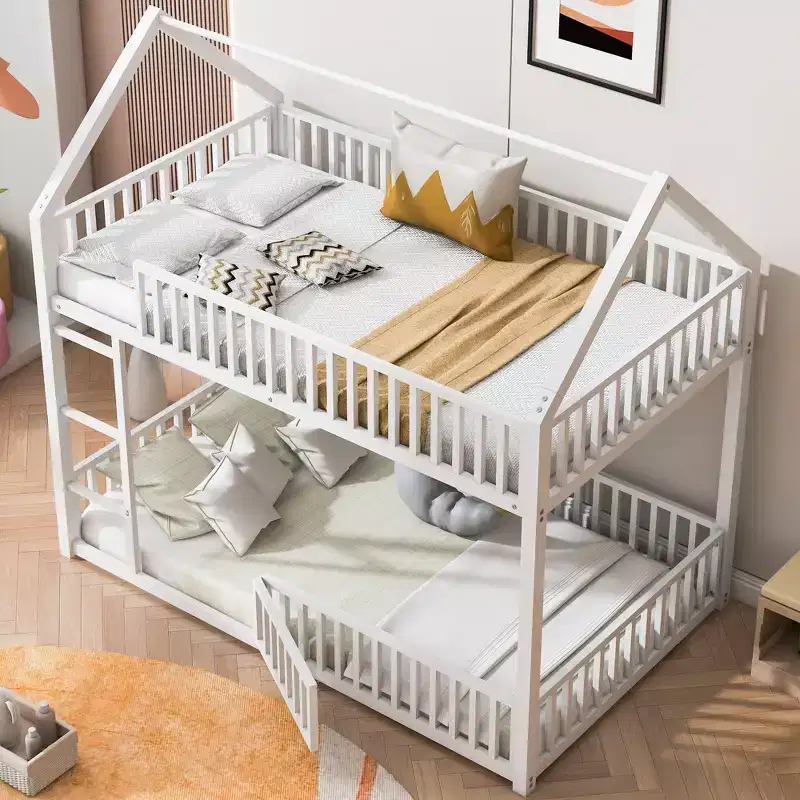 Okak 78IN Twin-Over-Twin Size Metal Bunk Bed, Bed Frames with Fence, Door and Safety Guardrail, Kids Bunk Beds for Kids Room, Bedroom, White