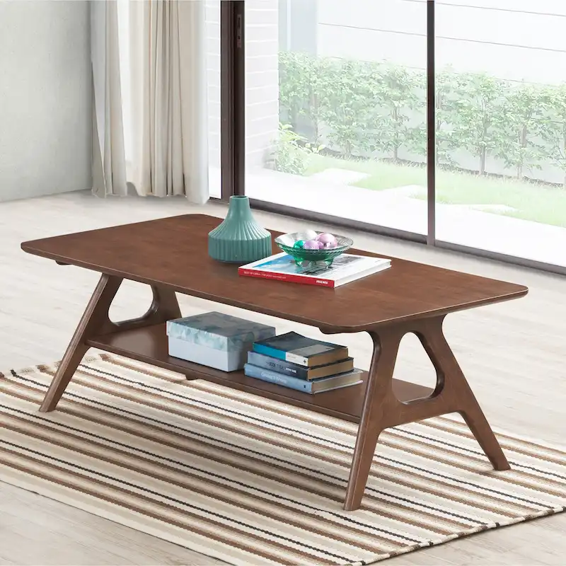 Roundhill Furniture Arona Mid-Century Modern Wood Coffee Table with Shelf