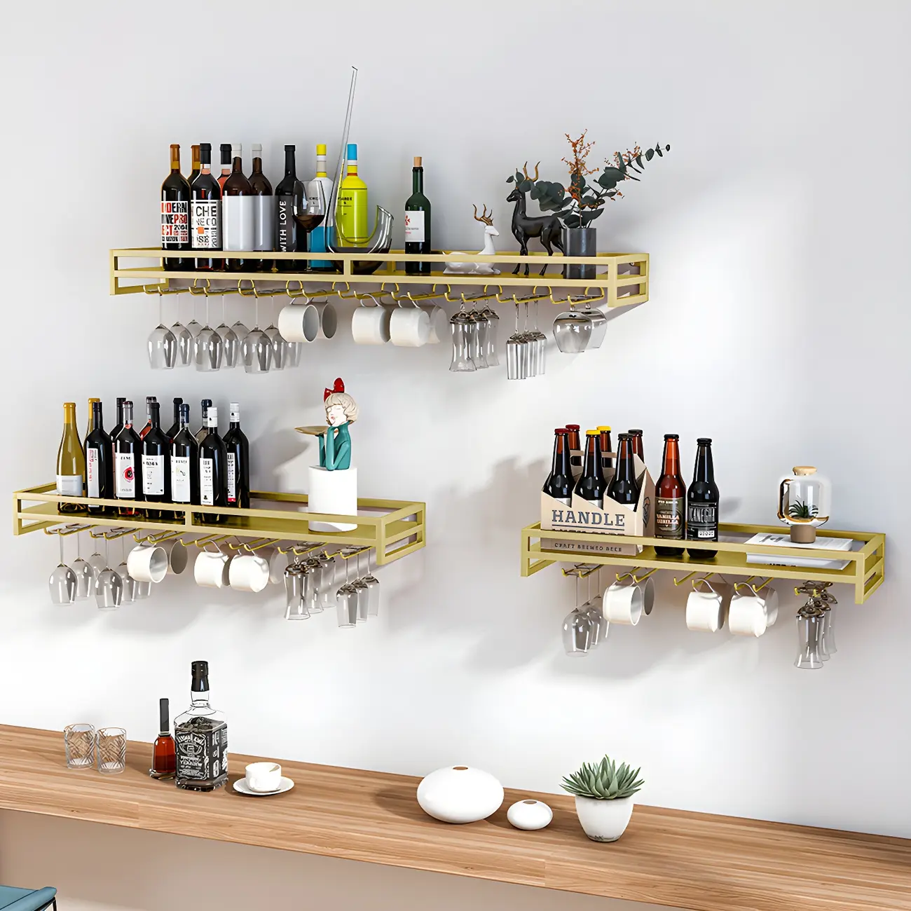 Floating Mount Metal Wine Glasses and Bottle Rack with Hook