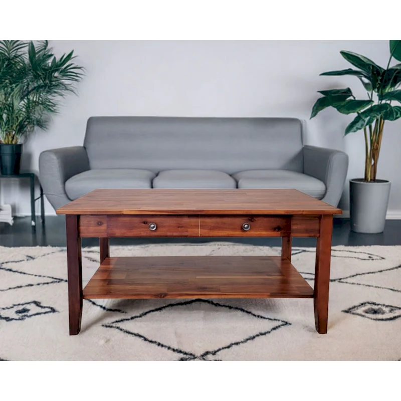 Solid Acacia Coffee Table with Drawer & Bottom Shelf