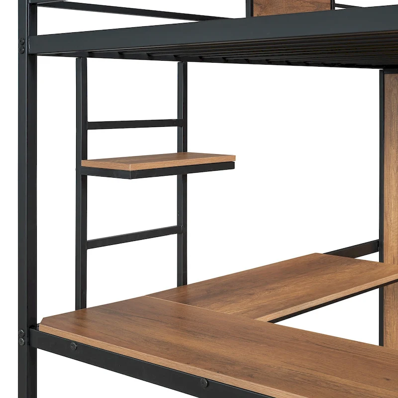 Black Twin Metal Wood Loft Bed with L-shape Desk