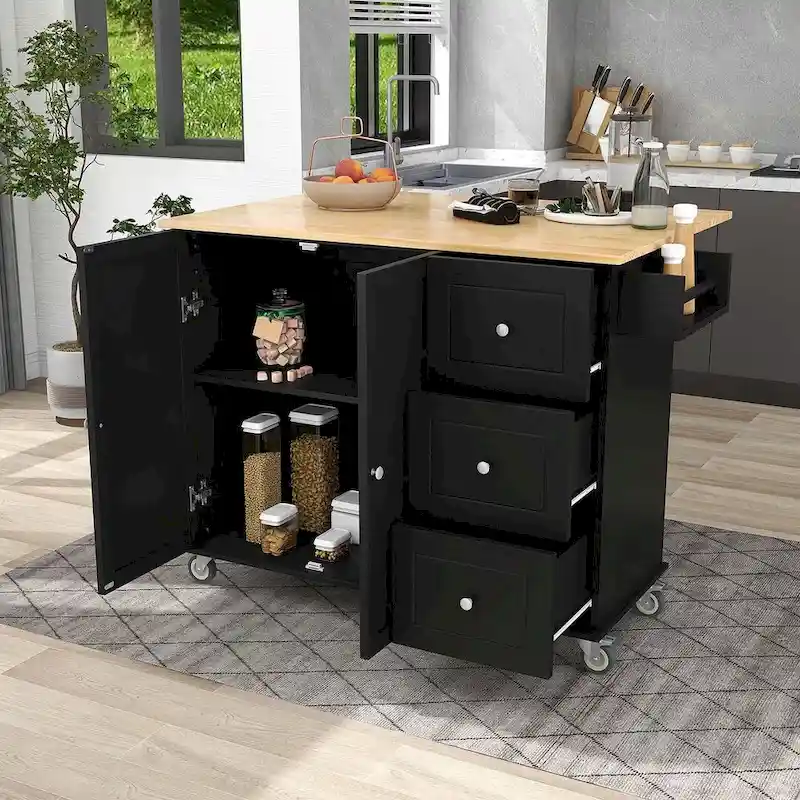 52.7 W Folding Multifunctional Lockable Wheel Kitchen Cart with 2 Doors and 3 Drawers