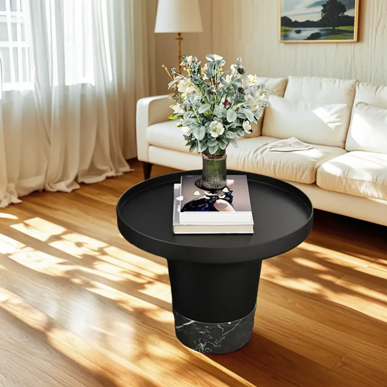 Modern Small Black Round Coffee Table with Marble Base