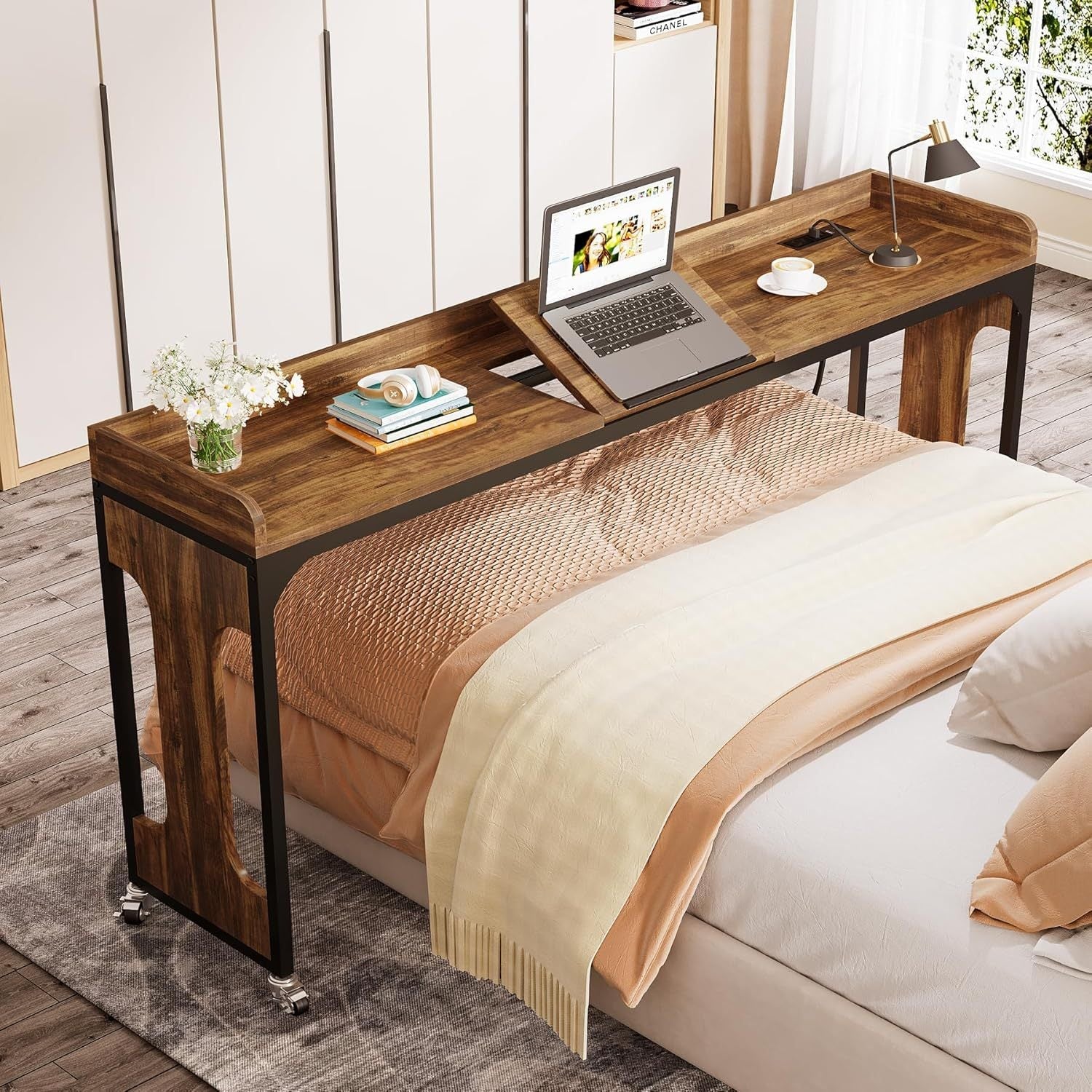 Walker Edison | Height Adjustable Queen Size Overbed Desk Table with Wheels
