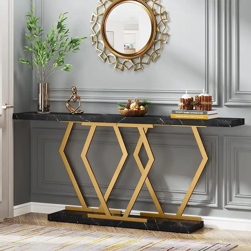 Modern Console Table, 70.9 Inch Extra Long Sofa Table with Faux Marble Tabletop Base Gold Frame for Living Room, White Gold