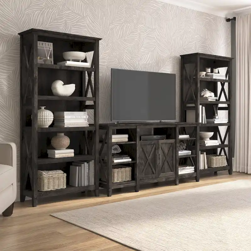 Tall Farmhouse TV Stand with 2 Bookcases by Bush Furniture