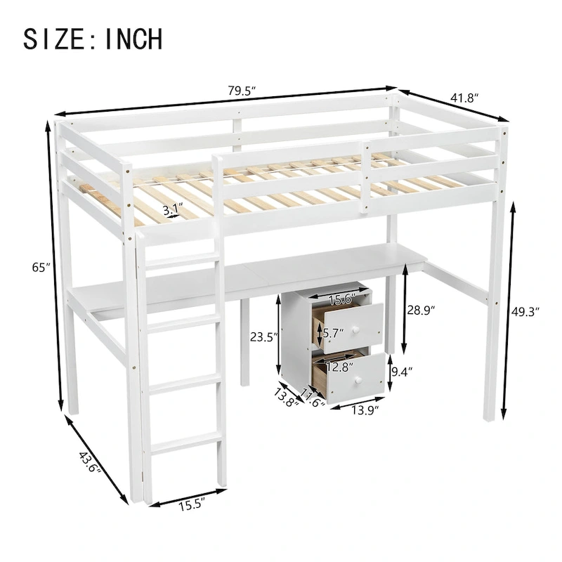 Twin Size Wood Loft Bed with Under-bed Storage and Desk
