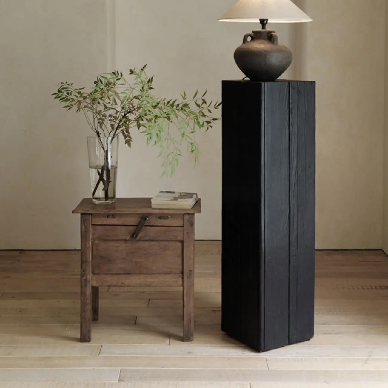 Modern Black Pine Wooden Square Stump End Table