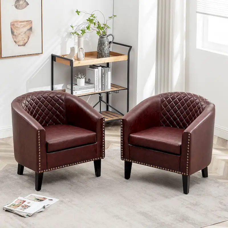 KINWELL 29  PU Faux Leather Club Armchair with Nailheads, Set of 2