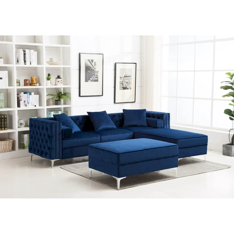 Tufted Upholstered Sofa with Ottoman, Blue/Grey/Purple, Nail Head Trim, Seats 3+