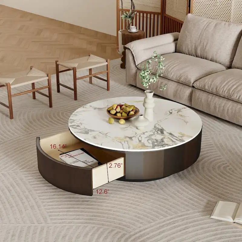 35 Modern Faux Marble Round Coffee Table, White Glossy Sintered Stone Tabletop, Mid Century Table with Solid Wood Drawer
