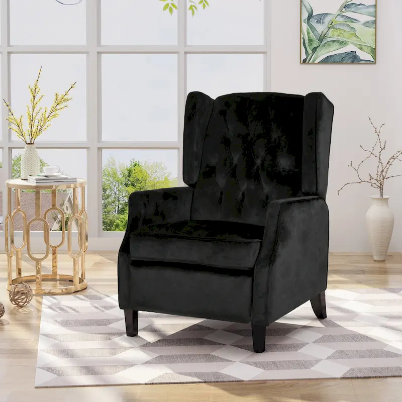 Black Velvet Mid-Century Wingback Push-Back Recliner with Footrest, Button-tufted Back