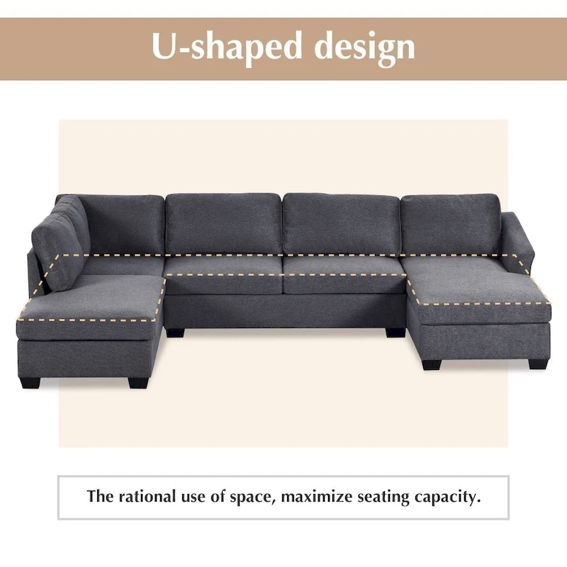U-Shape Sectional Sofa, Double Extra Wide Chaise Lounge Couch