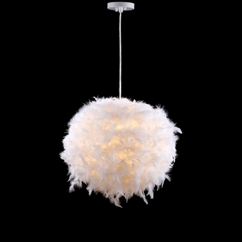Simon 19  Feather Metal Adjustable LED Pendant, White by JONATHAN Y