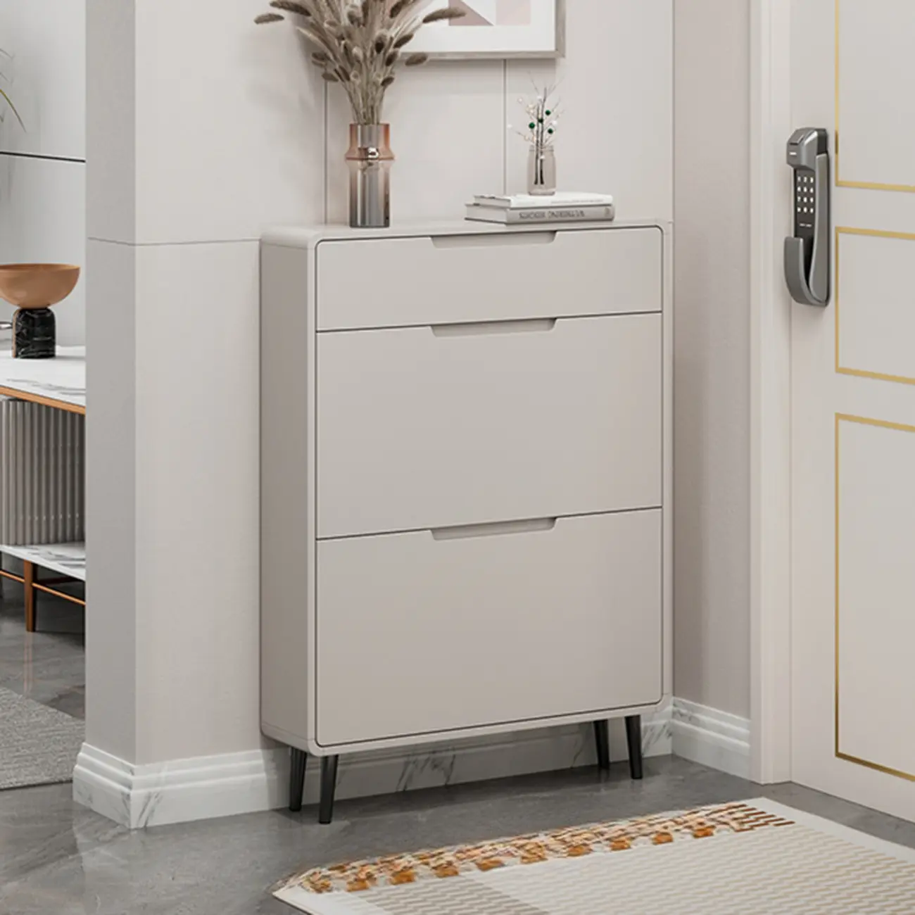 Drop-Front Beige Wood Entryway Shoe Cabinet with 2-Drawer