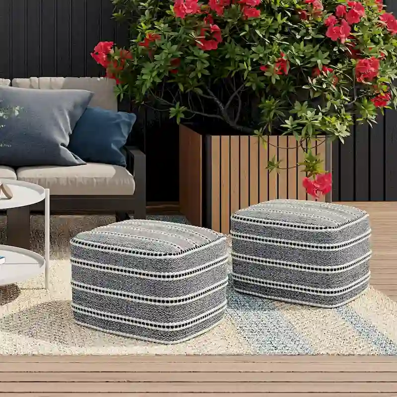 WYNDENHALL Anika Square Woven Pouf in Navy and White Recycled PET Polyester