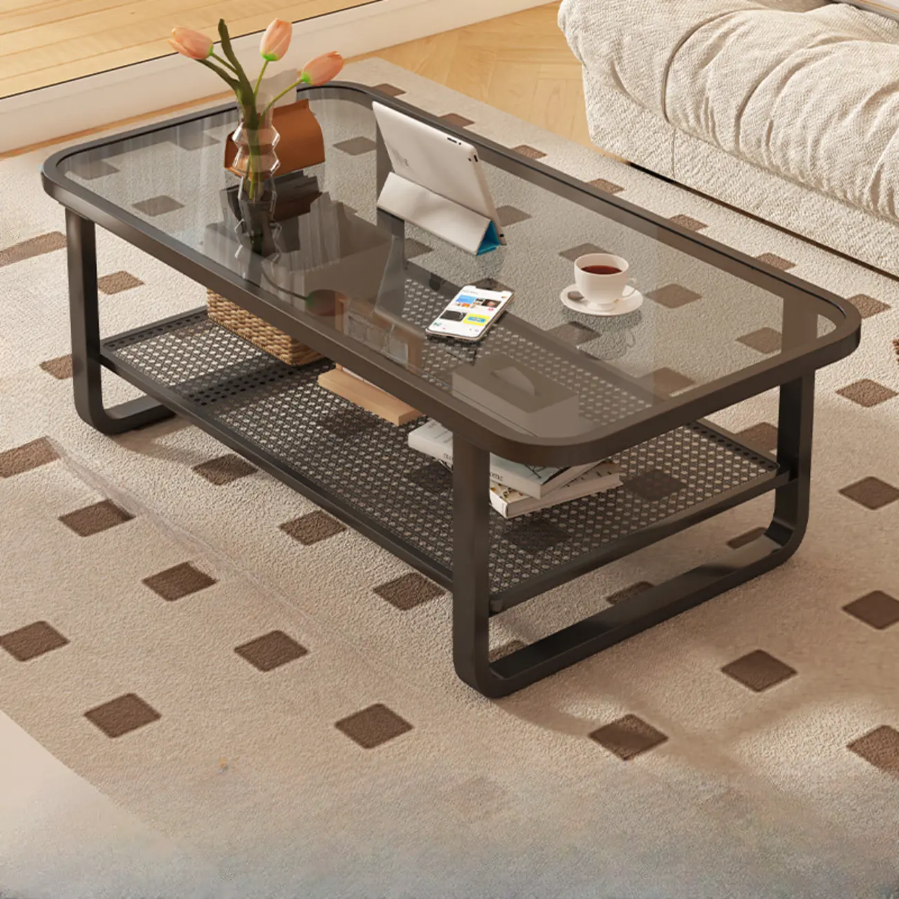 Modern White Rectangle Glass Coffee Table with Shelf