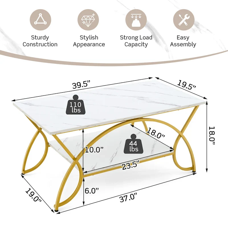 2 Tier Coffee Table Modern Faux Marble Accent Table Cocktail End Table