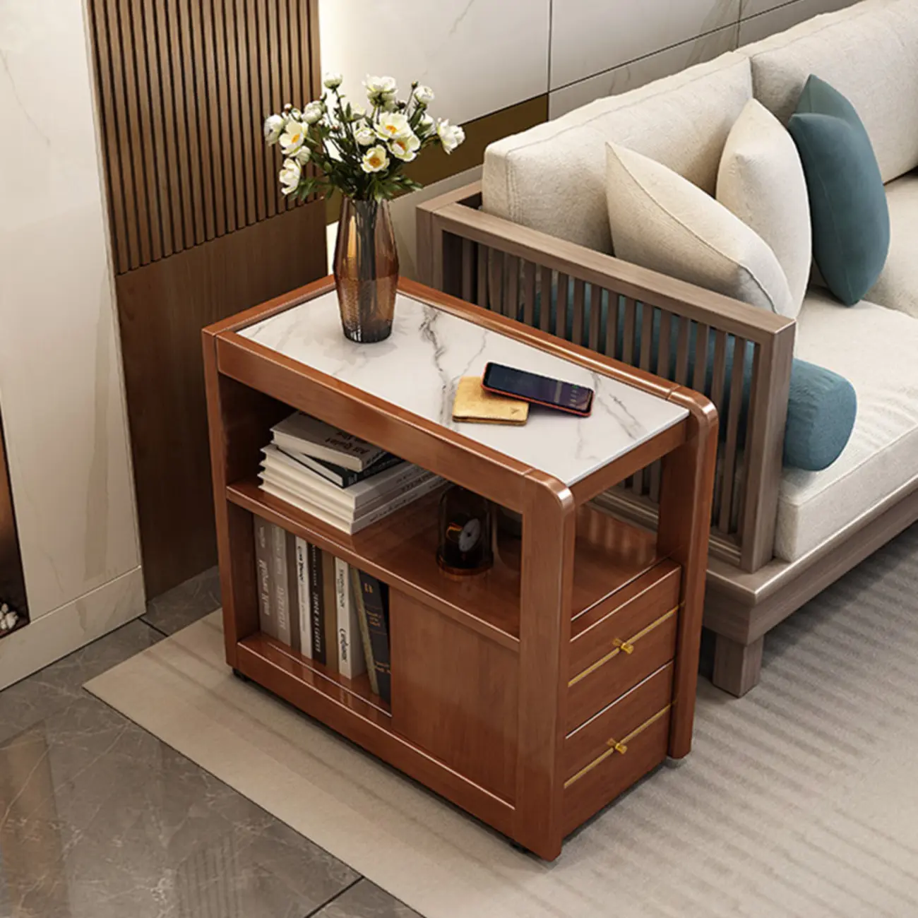 Narrow Sintered Stone Top Wheeled Side Table with Drawers