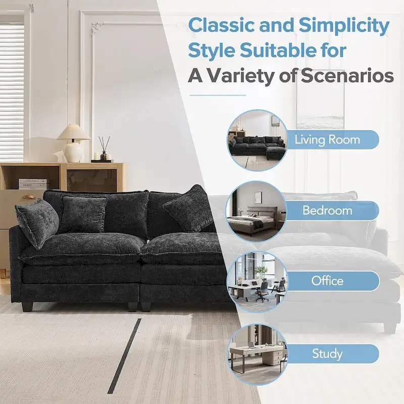 112 Modern L-Shape Chenille Upholstered Sofa with 5 Pillows