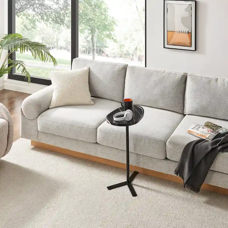 Oval Teardrop Modern Raised Lip Edge Couch-Side Accent C-Table with Crossed Y-Shape Metal Pedestal Leg