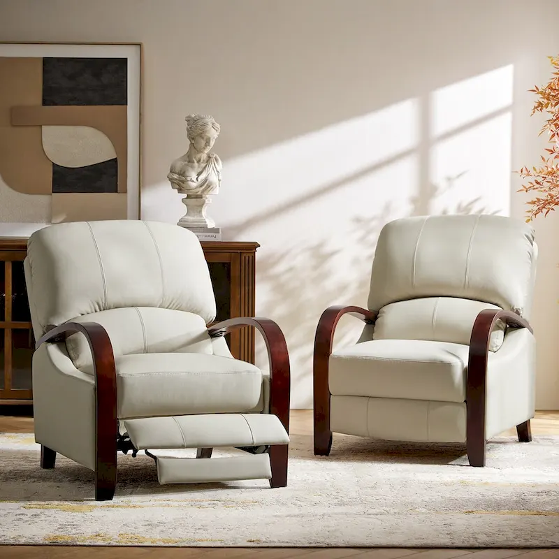 Alex Mid-century Modern Cigar Genuine Leather Manual Recliner with Wooden Curved Arms, Set of 2