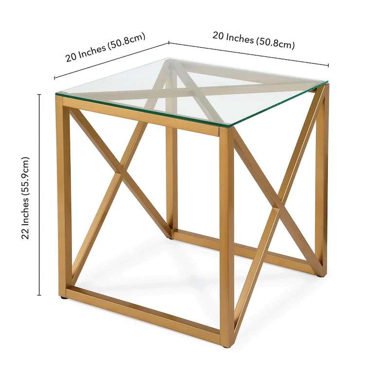 Geometric X-Base Metal & Glass Side Table in Golden Brass Finish