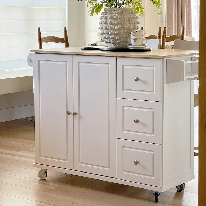 Kitchen Island Cart with Drop-Leaf and Rubber Wood Top, Rolling Kitchen Trolley Cart Cabinet