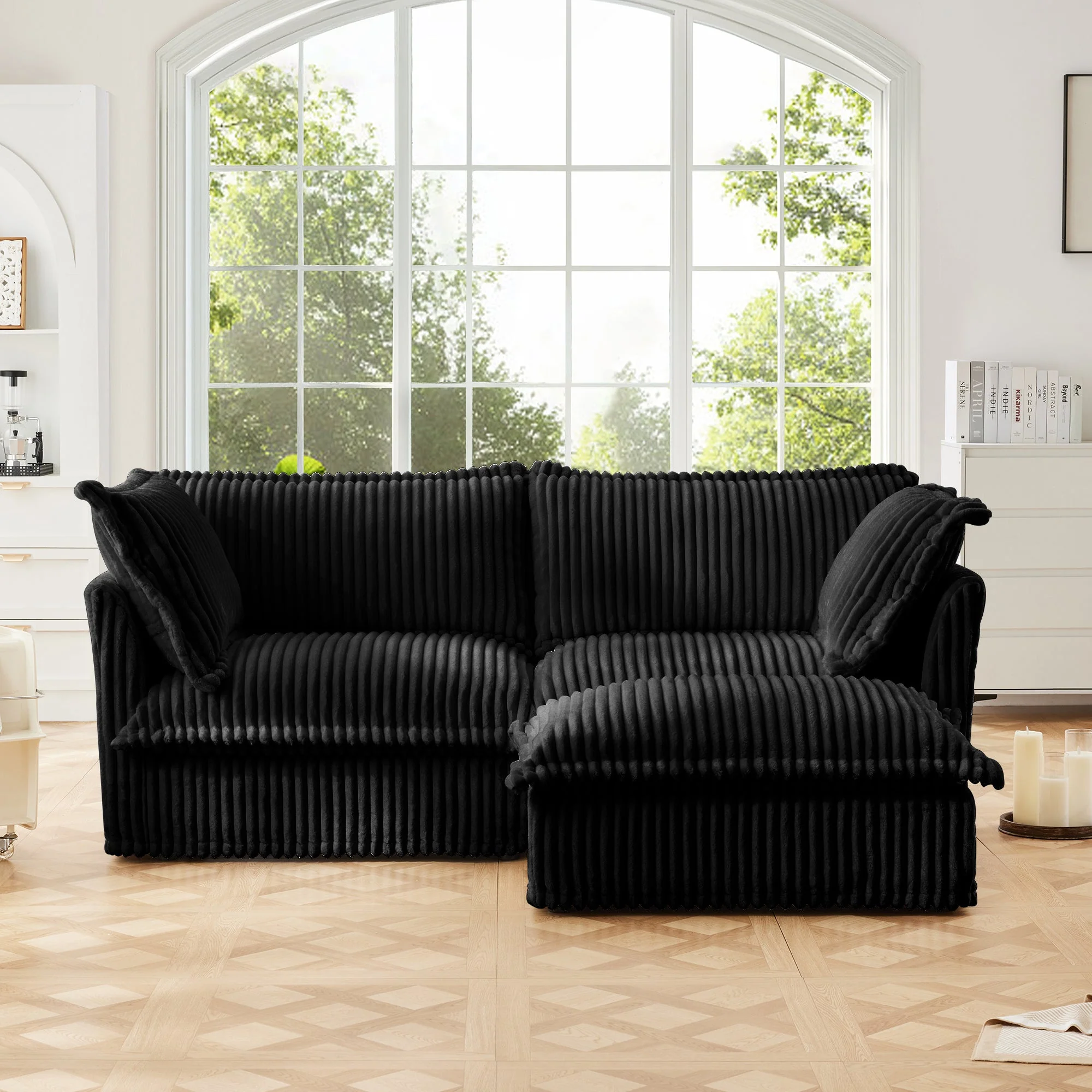 Walker Edison | Cloud Slipcovered Black Sectional Sofa with Ottoman