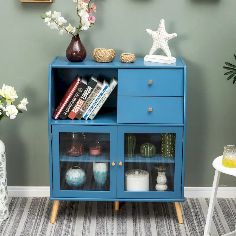 Blue Cabinet with Glass Doors Sideboard