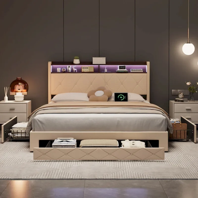 Javlergo Bed Frame with 4 Storage Drawers & Charging Station, Upholstered Platform Bed with Storage Headboard and LED Light