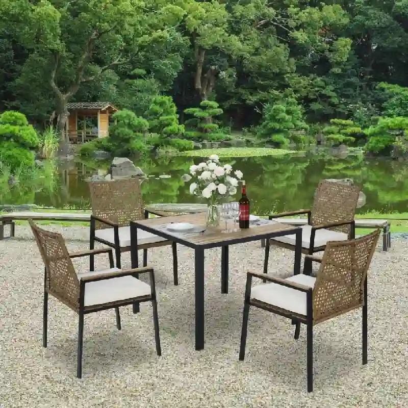 All Weather 5-Piece Patio Dining Set with Umbrella Hole and Acacia Wood Table Top