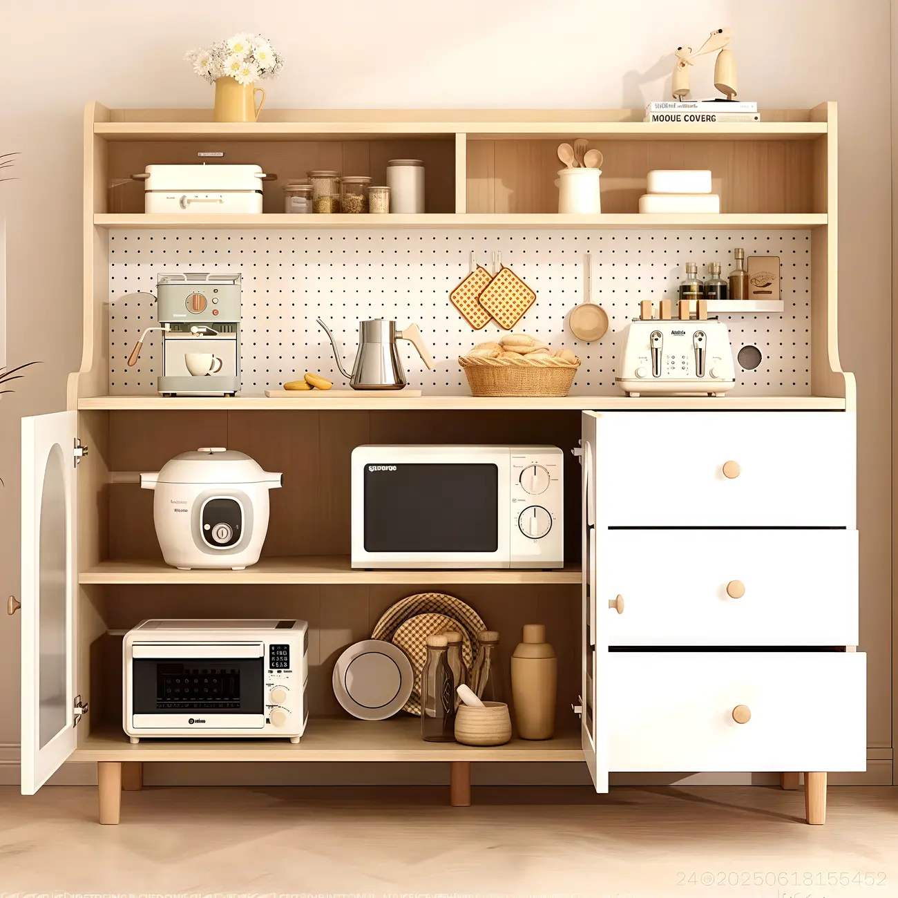 Kitchen Natural Wood Open Shelving 3-Drawer Sideboard