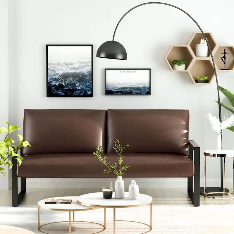 Mieres Mid-Century Style Faux Leather Loveseat Sofa with Steel Frame