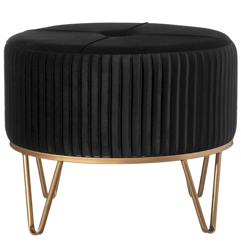 Round Velvet Ottoman Stool Raised with Hairpin Gold Base