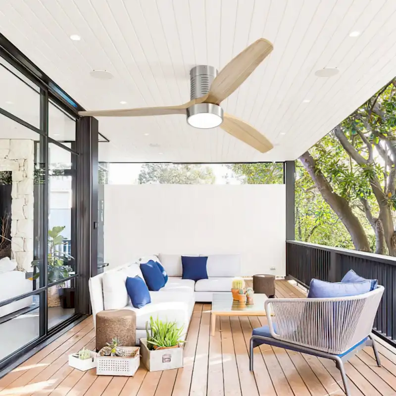 52 Inch Flush Mount Ceiling Fan With Dimmable Light 6 Speed Remote Control 3 Solid Wood Blade Ceiling Fan