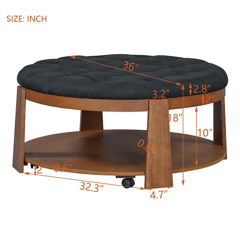 36 Round Button Tufted Upholstered Coffee Table with Wood Shelf and Wheel