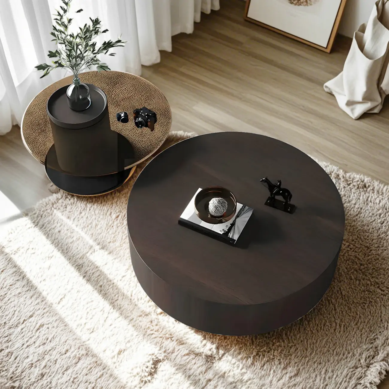 Dark Modern Nesting Round Wood Drawer Coffee Table