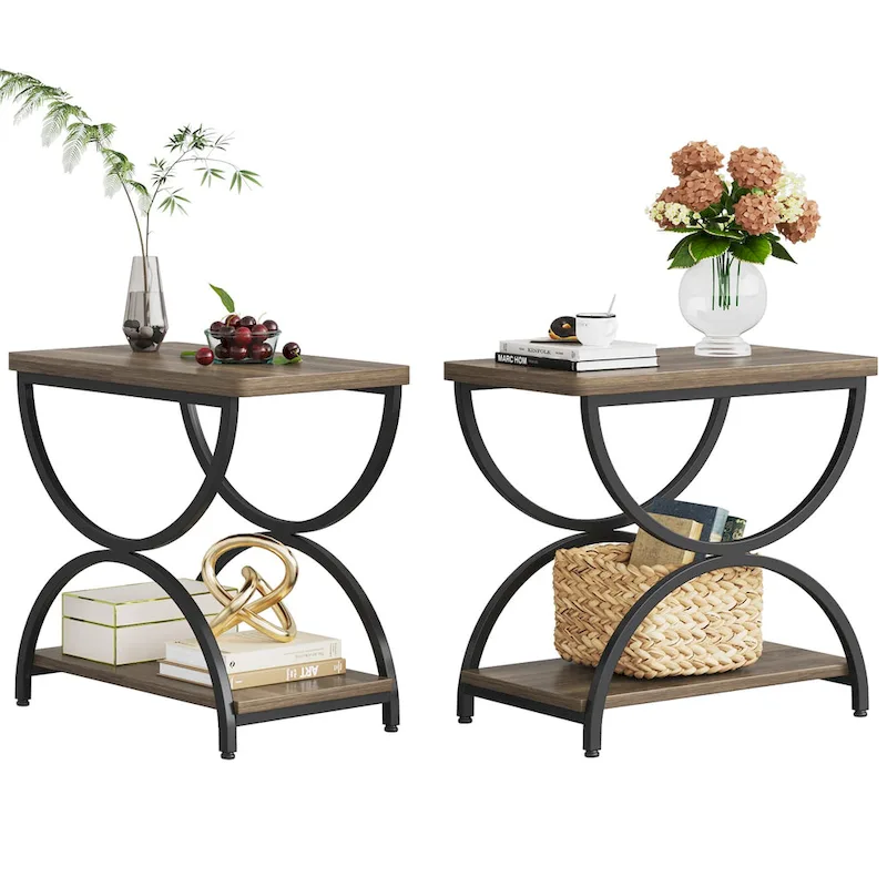 2-Tier Rectangular Wood Metal End Side Chairside Table