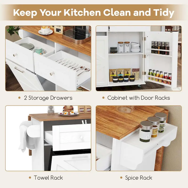 Drop-Leaf Rolling Kitchen Island Cart with Trash Cabinet & Storage – Black / White, Single