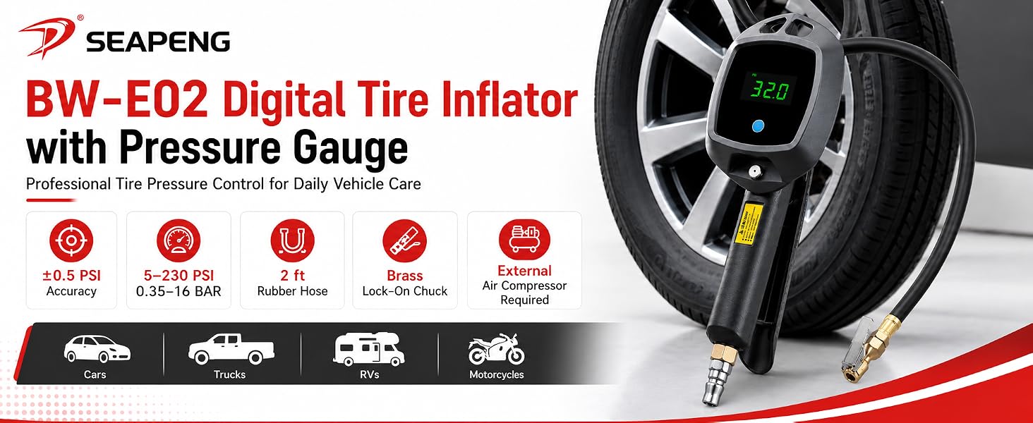 SEAPENG BW-E02 digital tire inflator gauge with LCD display