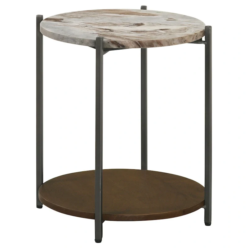 20 Inch Accent Table, Round Marble Top, 1 Shelf, Brown, Gunmetal Finish