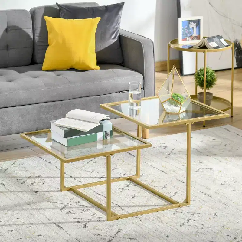 Coffee Table, Tempered Glass Coffee Table with 2 Square Tabletops, Modern Coffee Tables for Living Room, Bedroom
