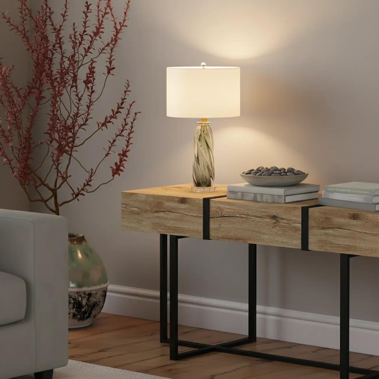 Modern Green Twisted Glass Table Lamp with Fabric Shade