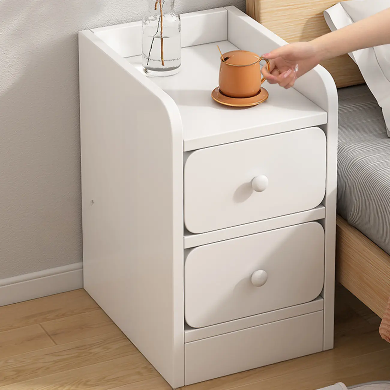Simple White Natural Wood 2-Drawer Nightstand